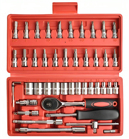 Set Profesional pentru Insurubat idealSTORE, Include 46 de Elemente, Biti de Surubelnita, Extensii, 2 tipuri de Buton Glisant, Articulatie Cardanica, Adaptor de Varf, Clichet, Material Otel Carbon, Cutie pentru Depozitare