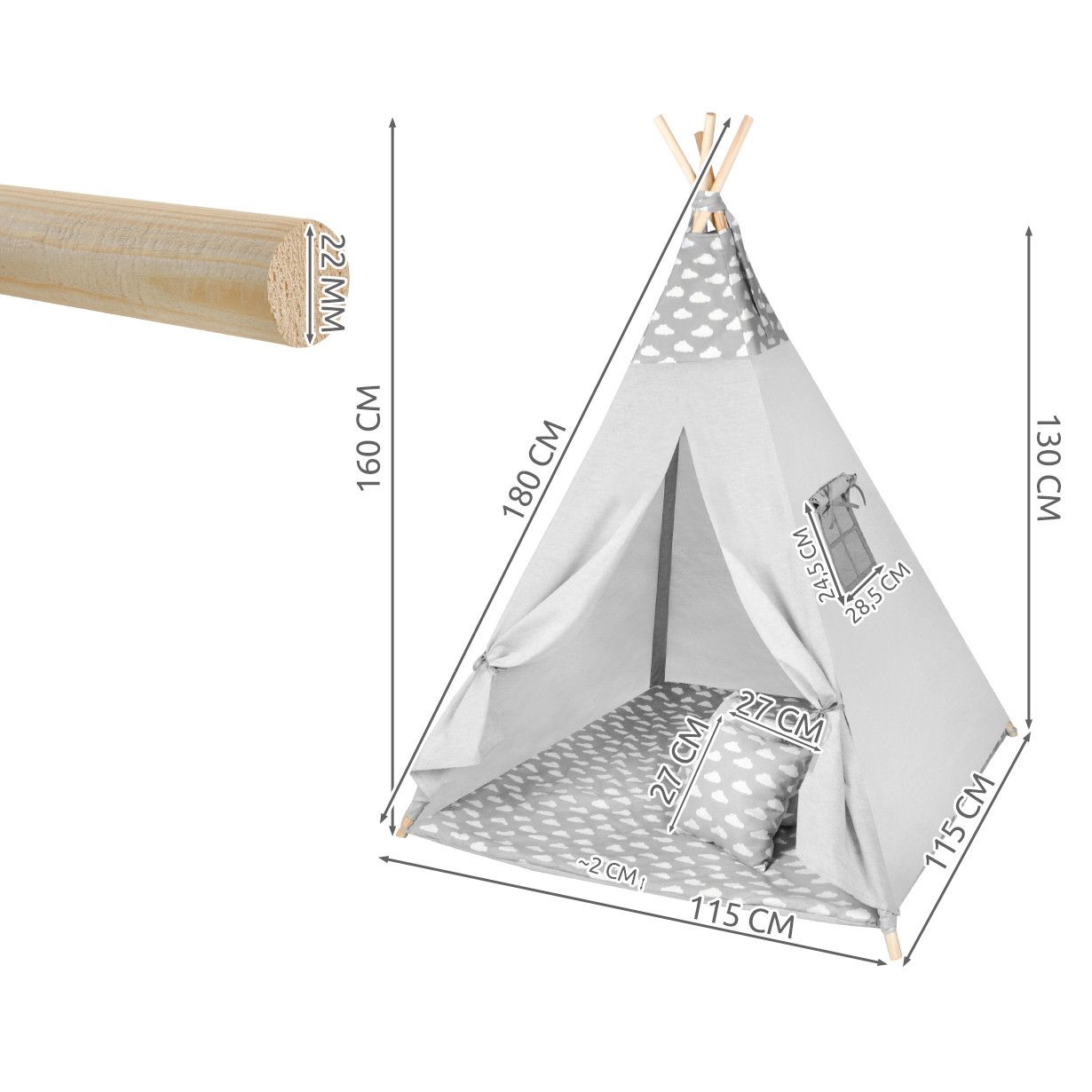 Cort si Spatiu de Joaca pentru copii idealSTORE Little Junior Indian, Dimensiuni 115 x 115 x 180cm, Echipat cu accesorii simbolice, 3 perne umplute cu o bila din silicon ce Sprijina joaca creativa dezvoltand modul de gandire