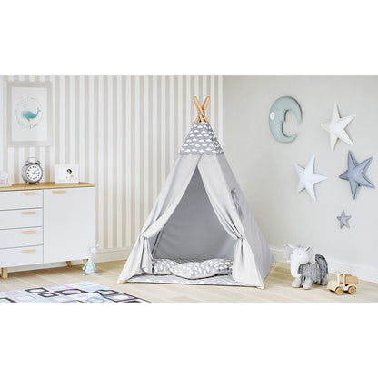 Cort si Spatiu de Joaca pentru copii idealSTORE Little Junior Indian, Dimensiuni 115 x 115 x 180cm, Echipat cu accesorii simbolice, 3 perne umplute cu o bila din silicon ce Sprijina joaca creativa dezvoltand modul de gandire