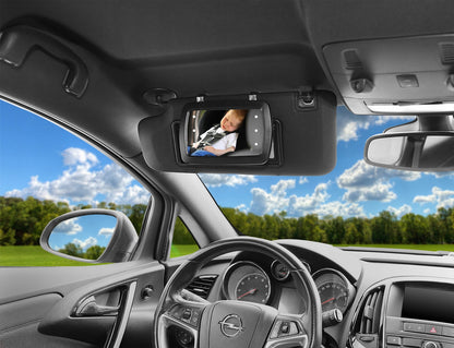Oglinda auto pentru bebelusi cu LED idealSTORE Junior Magic Mirror, Dimensiuni 18 x 11 cm, Rotatie 360 de grade, Proiectata sa observe copilul pe scaunul auto, Se monteaza pe parasolar cu doua manere