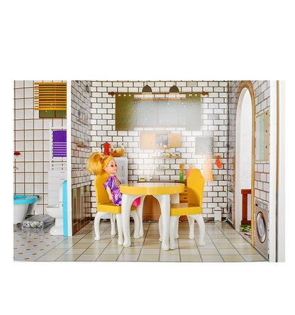 Casuta de papusi din lemn cu LED THE LITTLE PALACE, Dimensiuni 120 x 103 cm, Constructie 3 etaje, 5 camere si 29 piese de mobilier, 6 Papusi, Lift, Camere echipate complet intr-un decor de basm, Ideal pentru micile printese