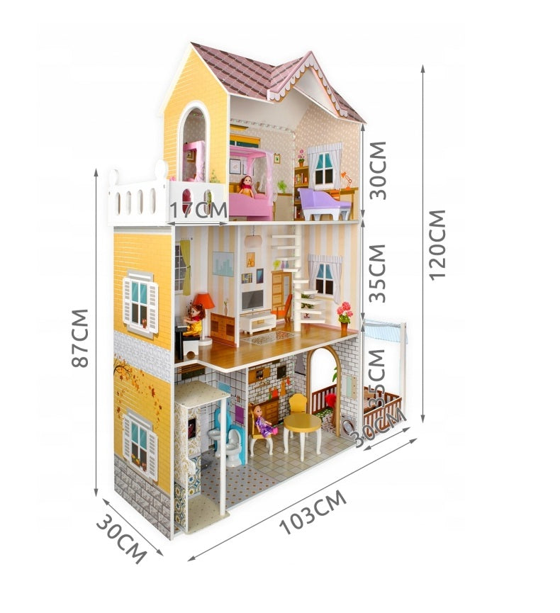 Casuta de papusi din lemn cu LED THE LITTLE PALACE, Dimensiuni 120 x 103 cm, Constructie 3 etaje, 5 camere si 29 piese de mobilier, 6 Papusi, Lift, Camere echipate complet intr-un decor de basm, Ideal pentru micile printese