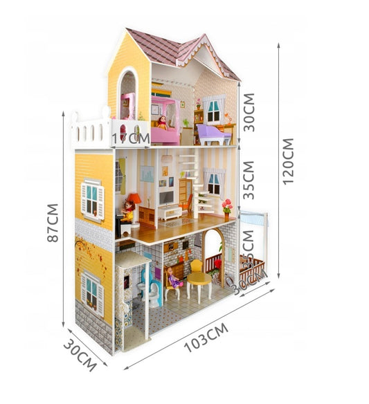 Casuta de papusi din lemn cu LED THE LITTLE PALACE, Dimensiuni 120 x 103 cm, Constructie 3 etaje, 5 camere si 29 piese de mobilier, 6 Papusi, Lift, Camere echipate complet intr-un decor de basm, Ideal pentru micile printese