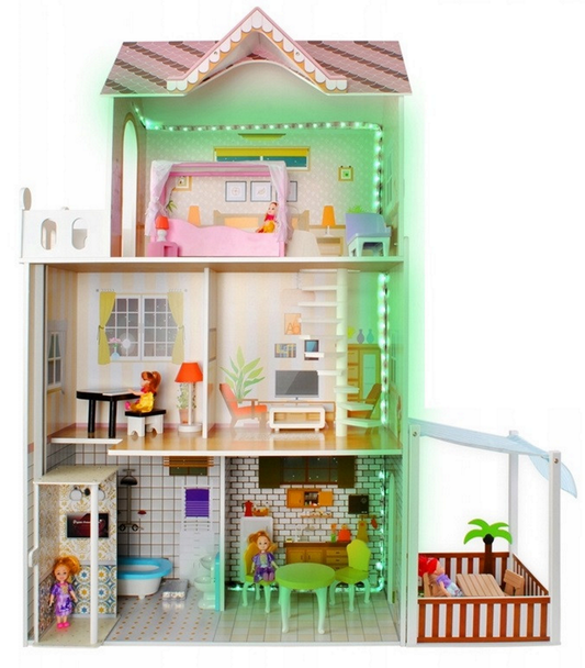 Casuta de papusi din lemn cu LED THE LITTLE PALACE, Dimensiuni 120 x 103 cm, Constructie 3 etaje, 5 camere si 29 piese de mobilier, 6 Papusi, Lift, Camere echipate complet intr-un decor de basm, Ideal pentru micile printese