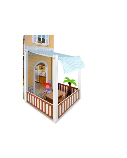 Casuta de papusi din lemn cu LED THE LITTLE PALACE, Dimensiuni 120 x 103 cm, Constructie 3 etaje, 5 camere si 29 piese de mobilier, 6 Papusi, Lift, Camere echipate complet intr-un decor de basm, Ideal pentru micile printese