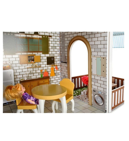 Casuta de papusi din lemn cu LED THE LITTLE PALACE, Dimensiuni 120 x 103 cm, Constructie 3 etaje, 5 camere si 29 piese de mobilier, 6 Papusi, Lift, Camere echipate complet intr-un decor de basm, Ideal pentru micile printese