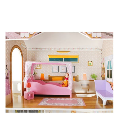 Casuta de papusi din lemn cu LED THE LITTLE PALACE, Dimensiuni 120 x 103 cm, Constructie 3 etaje, 5 camere si 29 piese de mobilier, 6 Papusi, Lift, Camere echipate complet intr-un decor de basm, Ideal pentru micile printese