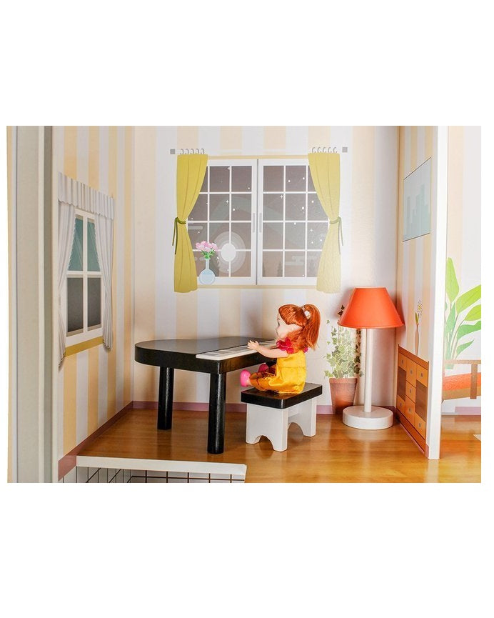 Casuta de papusi din lemn cu LED THE LITTLE PALACE, Dimensiuni 120 x 103 cm, Constructie 3 etaje, 5 camere si 29 piese de mobilier, 6 Papusi, Lift, Camere echipate complet intr-un decor de basm, Ideal pentru micile printese
