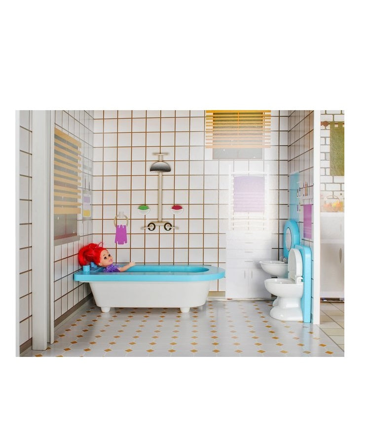 Casuta de papusi din lemn cu LED THE LITTLE PALACE, Dimensiuni 120 x 103 cm, Constructie 3 etaje, 5 camere si 29 piese de mobilier, 6 Papusi, Lift, Camere echipate complet intr-un decor de basm, Ideal pentru micile printese