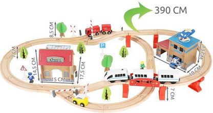 Pista Multifunctionala din Lemn Natural Cargo Express idealSTORE, Include 89 de Elemente, Tren Magnetic cu Vagoane, Elicopter de Politie, Heliport, Semne de Circulatie, Copaci, 2 Masini, O Gara, Cladire de Politie, Piese Robuste din Lemn