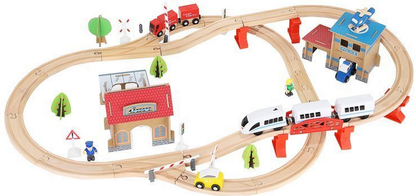 Pista Multifunctionala din Lemn Natural Cargo Express idealSTORE, Include 89 de Elemente, Tren Magnetic cu Vagoane, Elicopter de Politie, Heliport, Semne de Circulatie, Copaci, 2 Masini, O Gara, Cladire de Politie, Piese Robuste din Lemn