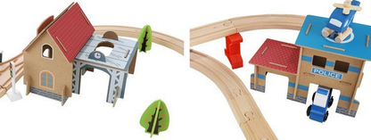 Pista Multifunctionala din Lemn Natural Cargo Express idealSTORE, Include 89 de Elemente, Tren Magnetic cu Vagoane, Elicopter de Politie, Heliport, Semne de Circulatie, Copaci, 2 Masini, O Gara, Cladire de Politie, Piese Robuste din Lemn