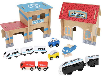 Pista Multifunctionala din Lemn Natural Cargo Express idealSTORE, Include 89 de Elemente, Tren Magnetic cu Vagoane, Elicopter de Politie, Heliport, Semne de Circulatie, Copaci, 2 Masini, O Gara, Cladire de Politie, Piese Robuste din Lemn