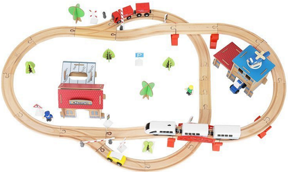 Pista Multifunctionala din Lemn Natural Cargo Express idealSTORE, Include 89 de Elemente, Tren Magnetic cu Vagoane, Elicopter de Politie, Heliport, Semne de Circulatie, Copaci, 2 Masini, O Gara, Cladire de Politie, Piese Robuste din Lemn