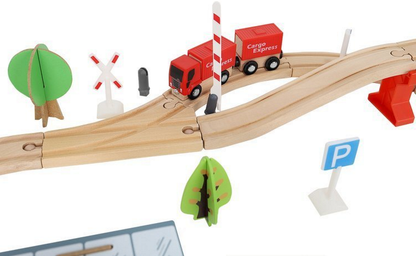 Pista Multifunctionala din Lemn Natural Cargo Express idealSTORE, Include 89 de Elemente, Tren Magnetic cu Vagoane, Elicopter de Politie, Heliport, Semne de Circulatie, Copaci, 2 Masini, O Gara, Cladire de Politie, Piese Robuste din Lemn