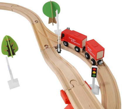 Pista Multifunctionala din Lemn Natural Cargo Express idealSTORE, Include 89 de Elemente, Tren Magnetic cu Vagoane, Elicopter de Politie, Heliport, Semne de Circulatie, Copaci, 2 Masini, O Gara, Cladire de Politie, Piese Robuste din Lemn