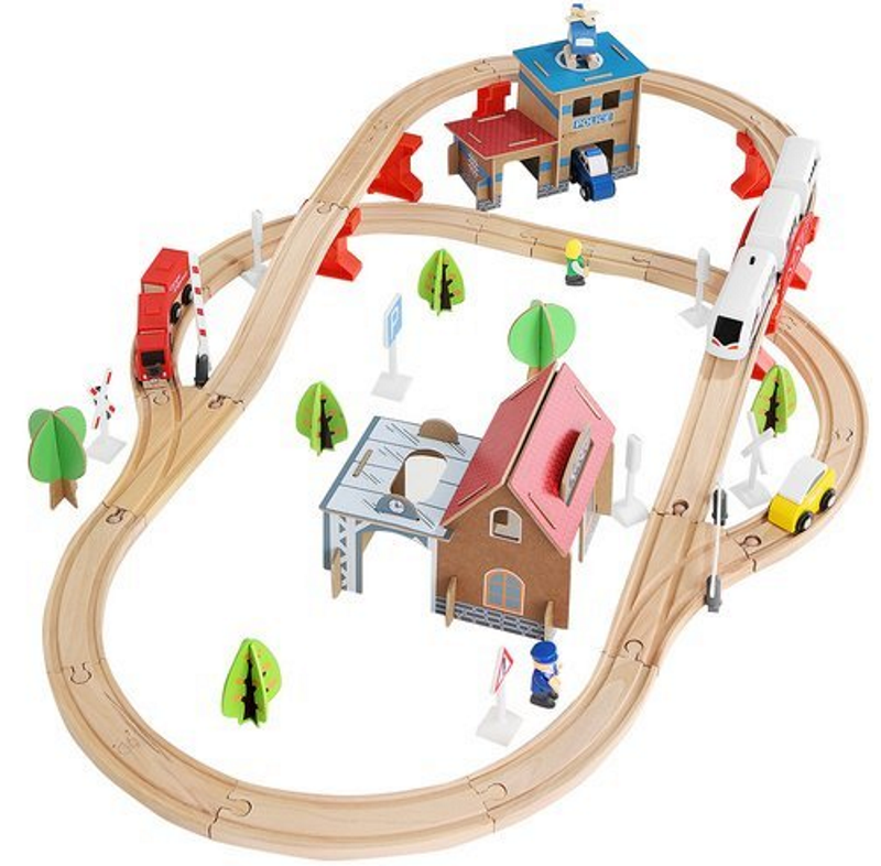 Pista Multifunctionala din Lemn Natural Cargo Express idealSTORE, Include 89 de Elemente, Tren Magnetic cu Vagoane, Elicopter de Politie, Heliport, Semne de Circulatie, Copaci, 2 Masini, O Gara, Cladire de Politie, Piese Robuste din Lemn