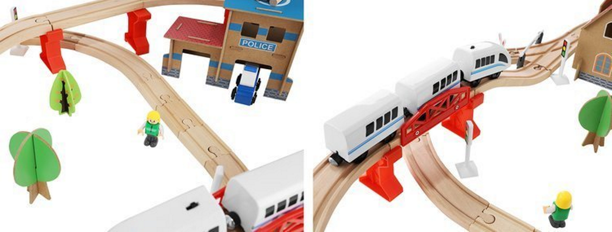 Pista Multifunctionala din Lemn Natural Cargo Express idealSTORE, Include 89 de Elemente, Tren Magnetic cu Vagoane, Elicopter de Politie, Heliport, Semne de Circulatie, Copaci, 2 Masini, O Gara, Cladire de Politie, Piese Robuste din Lemn