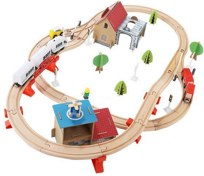 Pista Multifunctionala din Lemn Natural Cargo Express idealSTORE, Include 89 de Elemente, Tren Magnetic cu Vagoane, Elicopter de Politie, Heliport, Semne de Circulatie, Copaci, 2 Masini, O Gara, Cladire de Politie, Piese Robuste din Lemn