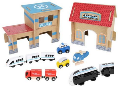 Pista Multifunctionala din Lemn Natural Cargo Express idealSTORE, Include 89 de Elemente, Tren Magnetic cu Vagoane, Elicopter de Politie, Heliport, Semne de Circulatie, Copaci, 2 Masini, O Gara, Cladire de Politie, Piese Robuste din Lemn