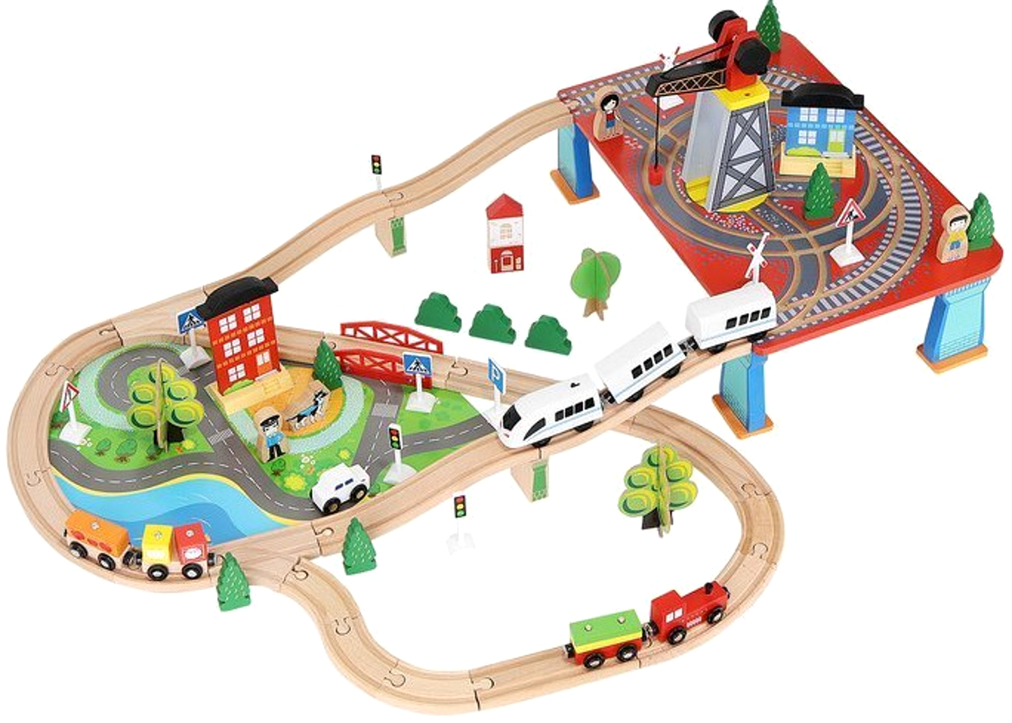 Tren Electric din Lemn Woody Train idealStore, 88 Elemente, Pista, Tren de Marfa si Pasageri, Masinuta, Copaci, Indicatoare Rutiere, Caine Politist, Figurine Persoane, Macara, Elemente Conectate prin Magneti