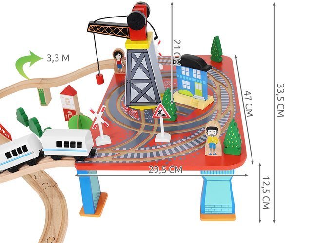 Tren Electric din Lemn Woody Train idealStore, 88 Elemente, Pista, Tren de Marfa si Pasageri, Masinuta, Copaci, Indicatoare Rutiere, Caine Politist, Figurine Persoane, Macara, Elemente Conectate prin Magneti