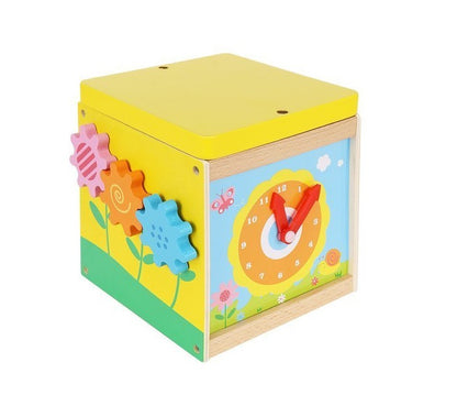 Cub educativ din lemn idealSTORE, Echipat cu diverse activitati ce antreneaza gandirea logica, Dezvolta deprinderile motrice si coordonarea mana-ochi, Multicolor