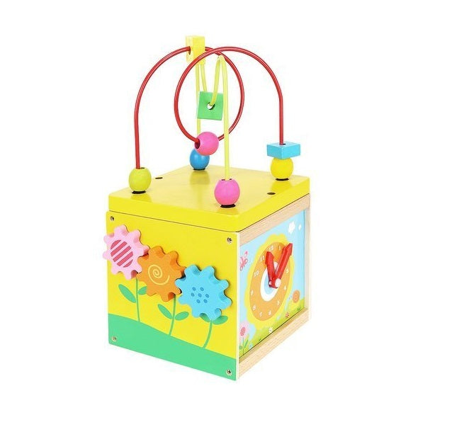 Cub educativ din lemn idealSTORE, Echipat cu diverse activitati ce antreneaza gandirea logica, Dezvolta deprinderile motrice si coordonarea mana-ochi, Multicolor