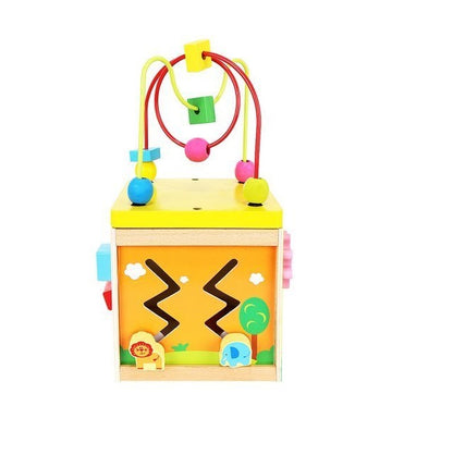 Cub educativ din lemn idealSTORE, Echipat cu diverse activitati ce antreneaza gandirea logica, Dezvolta deprinderile motrice si coordonarea mana-ochi, Multicolor