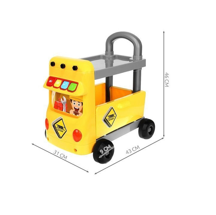 Carucior interactiv cu Scule 2 in 1 idealSTORE Little Master, Dimensiuni 43 x 31 x 46 cm, Accesorizat cu 38 de instrumente specifice, ciocan, ferastrau, suruburi, Panou cu diverse melodii si lumini, Echipat cu 4 roti pentru a fi usor de transportat