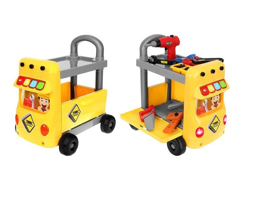 Carucior interactiv cu Scule 2 in 1 idealSTORE Little Master, Dimensiuni 43 x 31 x 46 cm, Accesorizat cu 38 de instrumente specifice, ciocan, ferastrau, suruburi, Panou cu diverse melodii si lumini, Echipat cu 4 roti pentru a fi usor de transportat