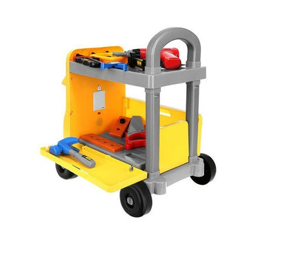 Carucior interactiv cu Scule 2 in 1 idealSTORE Little Master, Dimensiuni 43 x 31 x 46 cm, Accesorizat cu 38 de instrumente specifice, ciocan, ferastrau, suruburi, Panou cu diverse melodii si lumini, Echipat cu 4 roti pentru a fi usor de transportat