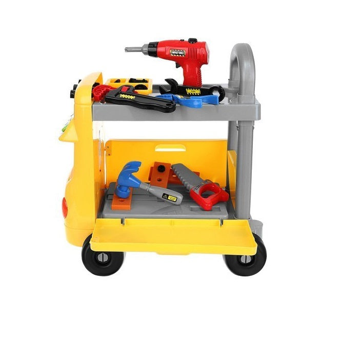 Carucior interactiv cu Scule 2 in 1 idealSTORE Little Master, Dimensiuni 43 x 31 x 46 cm, Accesorizat cu 38 de instrumente specifice, ciocan, ferastrau, suruburi, Panou cu diverse melodii si lumini, Echipat cu 4 roti pentru a fi usor de transportat