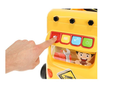 Carucior interactiv cu Scule 2 in 1 idealSTORE Little Master, Dimensiuni 43 x 31 x 46 cm, Accesorizat cu 38 de instrumente specifice, ciocan, ferastrau, suruburi, Panou cu diverse melodii si lumini, Echipat cu 4 roti pentru a fi usor de transportat