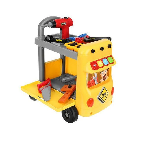 Carucior interactiv cu Scule 2 in 1 idealSTORE Little Master, Dimensiuni 43 x 31 x 46 cm, Accesorizat cu 38 de instrumente specifice, ciocan, ferastrau, suruburi, Panou cu diverse melodii si lumini, Echipat cu 4 roti pentru a fi usor de transportat