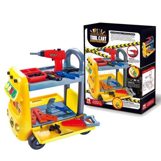 Carucior interactiv cu Scule 2 in 1 idealSTORE Little Master, Dimensiuni 43 x 31 x 46 cm, Accesorizat cu 38 de instrumente specifice, ciocan, ferastrau, suruburi, Panou cu diverse melodii si lumini, Echipat cu 4 roti pentru a fi usor de transportat