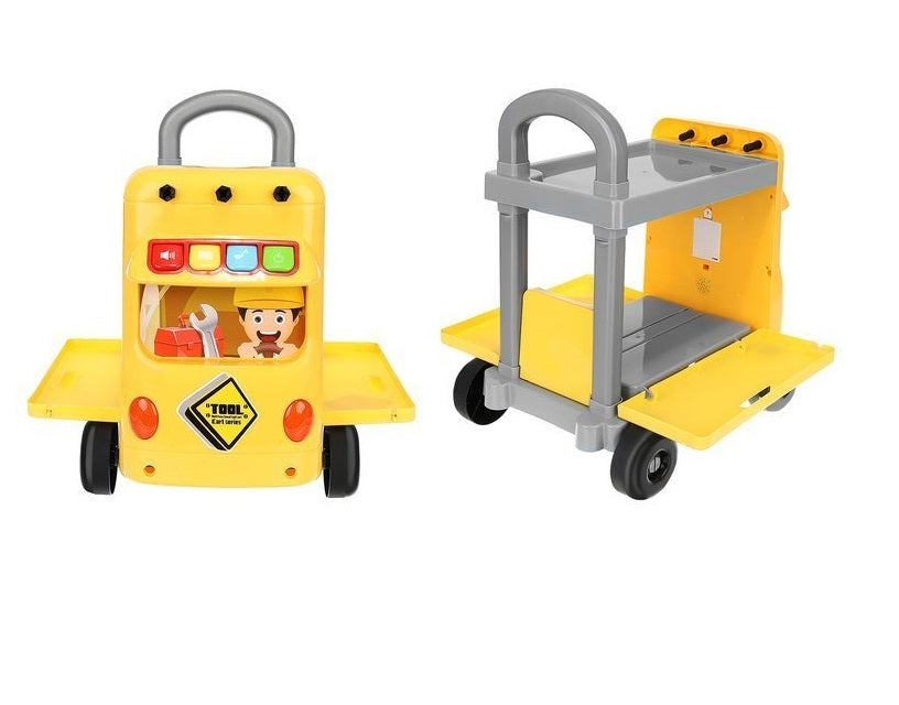 Carucior interactiv cu Scule 2 in 1 idealSTORE Little Master, Dimensiuni 43 x 31 x 46 cm, Accesorizat cu 38 de instrumente specifice, ciocan, ferastrau, suruburi, Panou cu diverse melodii si lumini, Echipat cu 4 roti pentru a fi usor de transportat
