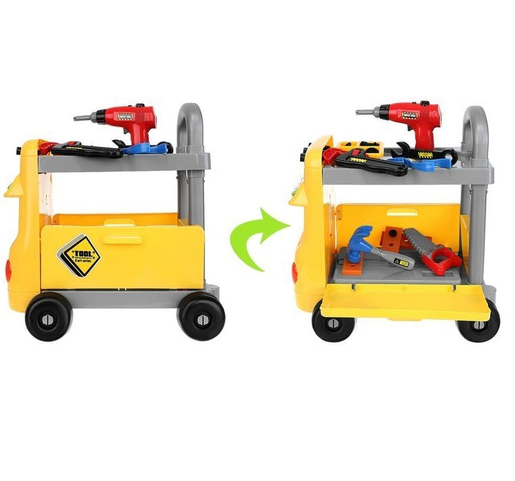 Carucior interactiv cu Scule 2 in 1 idealSTORE Little Master, Dimensiuni 43 x 31 x 46 cm, Accesorizat cu 38 de instrumente specifice, ciocan, ferastrau, suruburi, Panou cu diverse melodii si lumini, Echipat cu 4 roti pentru a fi usor de transportat