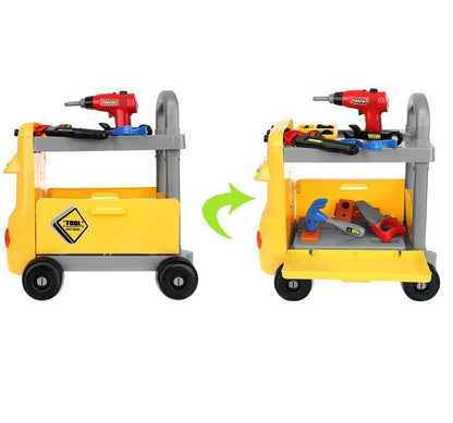 Carucior interactiv cu Scule 2 in 1 idealSTORE Little Master, Dimensiuni 43 x 31 x 46 cm, Accesorizat cu 38 de instrumente specifice, ciocan, ferastrau, suruburi, Panou cu diverse melodii si lumini, Echipat cu 4 roti pentru a fi usor de transportat