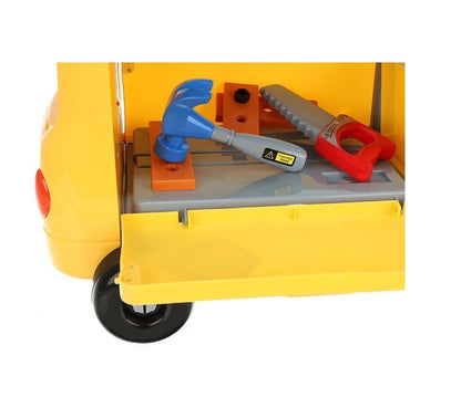 Carucior interactiv cu Scule 2 in 1 idealSTORE Little Master, Dimensiuni 43 x 31 x 46 cm, Accesorizat cu 38 de instrumente specifice, ciocan, ferastrau, suruburi, Panou cu diverse melodii si lumini, Echipat cu 4 roti pentru a fi usor de transportat