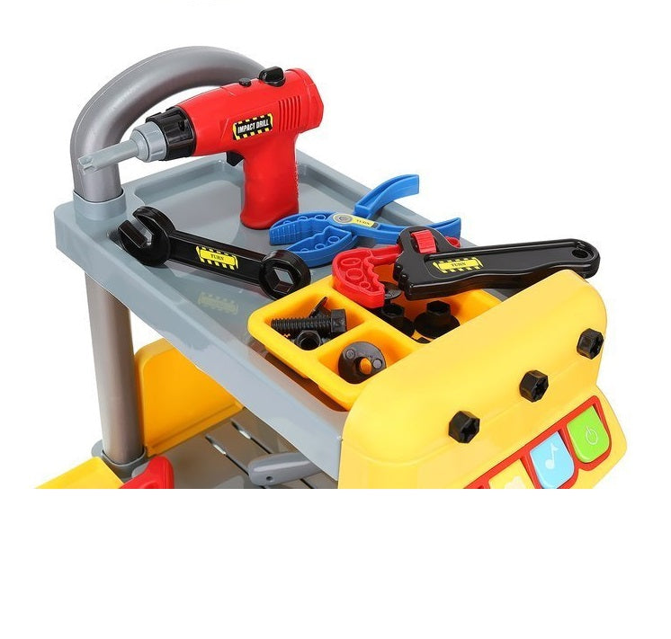 Carucior interactiv cu Scule 2 in 1 idealSTORE Little Master, Dimensiuni 43 x 31 x 46 cm, Accesorizat cu 38 de instrumente specifice, ciocan, ferastrau, suruburi, Panou cu diverse melodii si lumini, Echipat cu 4 roti pentru a fi usor de transportat