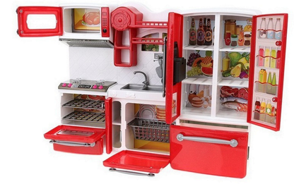 Mini bucatarie de jucarie pentru papusi, Dimensiuni 37 x 7,5 x 27, Format din 3 module separate, Include 47 de articole, pahare, linguri, farfurii, cutit, frigider si produse alimentare, Ajuta la cresterea abilitatilor manuale