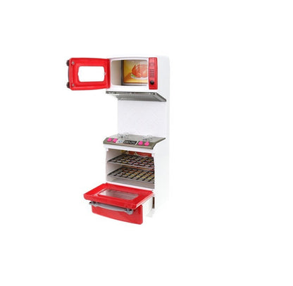 Mini bucatarie de jucarie pentru papusi, Dimensiuni 37 x 7,5 x 27, Format din 3 module separate, Include 47 de articole, pahare, linguri, farfurii, cutit, frigider si produse alimentare, Ajuta la cresterea abilitatilor manuale