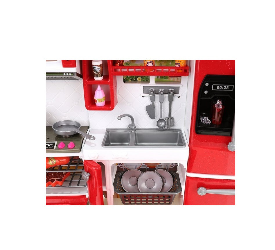 Mini bucatarie de jucarie pentru papusi, Dimensiuni 37 x 7,5 x 27, Format din 3 module separate, Include 47 de articole, pahare, linguri, farfurii, cutit, frigider si produse alimentare, Ajuta la cresterea abilitatilor manuale