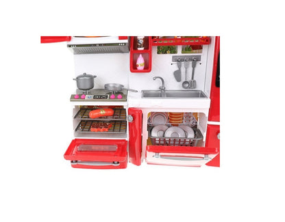 Mini bucatarie de jucarie pentru papusi, Dimensiuni 37 x 7,5 x 27, Format din 3 module separate, Include 47 de articole, pahare, linguri, farfurii, cutit, frigider si produse alimentare, Ajuta la cresterea abilitatilor manuale