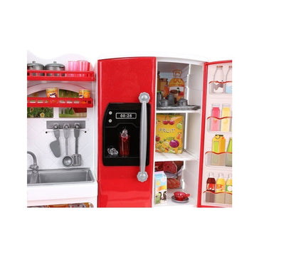 Mini bucatarie de jucarie pentru papusi, Dimensiuni 37 x 7,5 x 27, Format din 3 module separate, Include 47 de articole, pahare, linguri, farfurii, cutit, frigider si produse alimentare, Ajuta la cresterea abilitatilor manuale