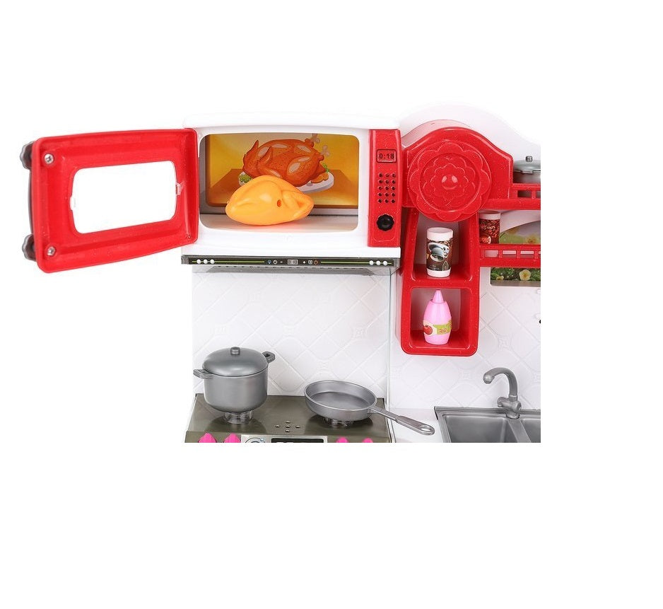 Mini bucatarie de jucarie pentru papusi, Dimensiuni 37 x 7,5 x 27, Format din 3 module separate, Include 47 de articole, pahare, linguri, farfurii, cutit, frigider si produse alimentare, Ajuta la cresterea abilitatilor manuale