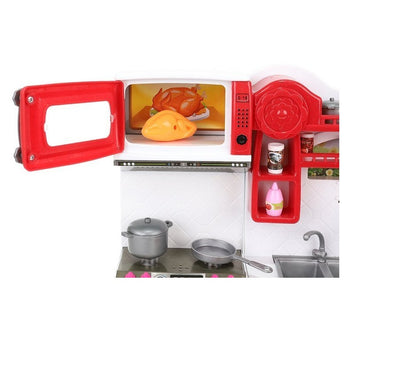 Mini bucatarie de jucarie pentru papusi, Dimensiuni 37 x 7,5 x 27, Format din 3 module separate, Include 47 de articole, pahare, linguri, farfurii, cutit, frigider si produse alimentare, Ajuta la cresterea abilitatilor manuale