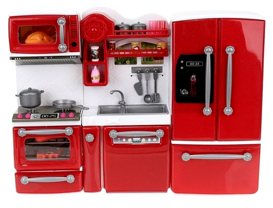 Mini bucatarie de jucarie pentru papusi, Dimensiuni 37 x 7,5 x 27, Format din 3 module separate, Include 47 de articole, pahare, linguri, farfurii, cutit, frigider si produse alimentare, Ajuta la cresterea abilitatilor manuale