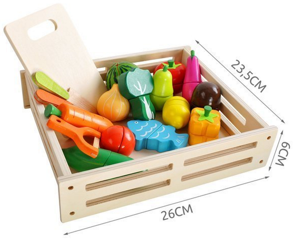 Ladita cu fructe si legume din lemn Fruit Chopping idealSTORE, Dimensiuni 23 x 26 x 6 cm Accesorizat cu diverse legume si fructe Tocator Cutite, Culori Vibrante, Prindere magnetica, Dezvolta imaginatia copilului